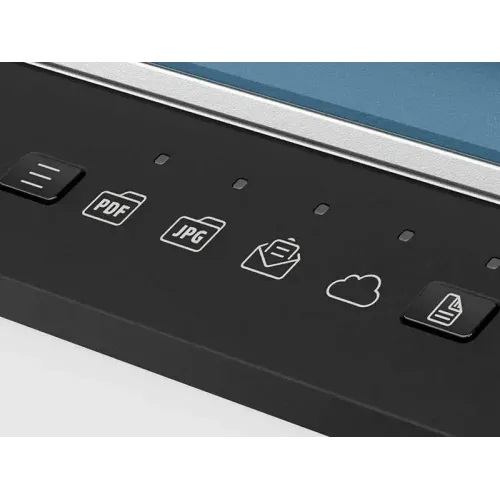 Close-up of the HP ScanJet Pro 2600 f1 scanner control panel showing one-touch buttons for PDF, JPG, Email, and Scan to Cloud