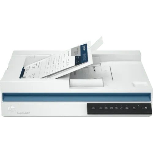 An HP ScanJet Pro 2600 f1 document scanner with its Automatic Document Feeder (ADF) tray open.