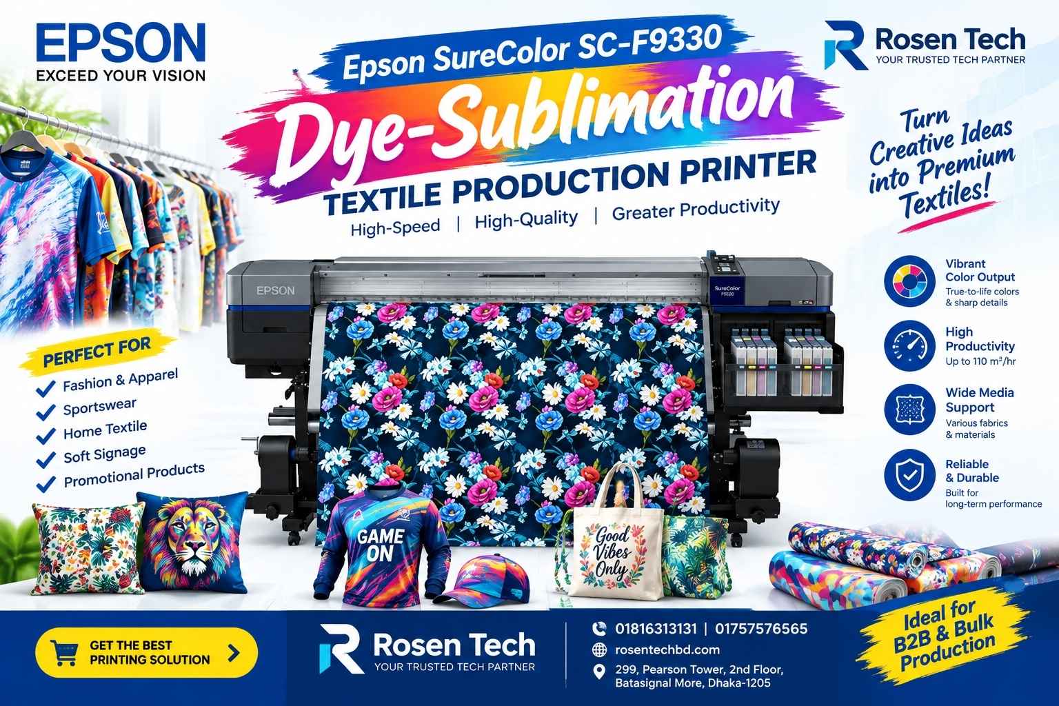 Epson SureColor SC-F9330 64-inch dual-head dye-sublimation textile production printer for high-volume fabric and soft signage printing available at Rosen Tech