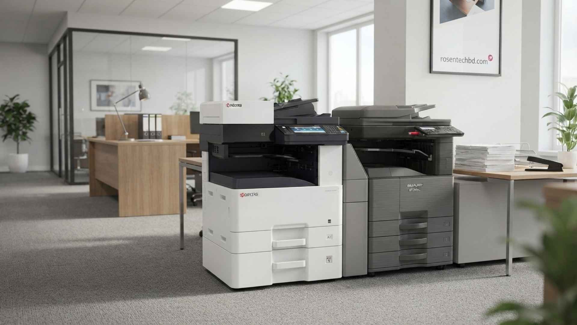 Photo of a Konica Minolta or Kyocera copier in a mid-size office