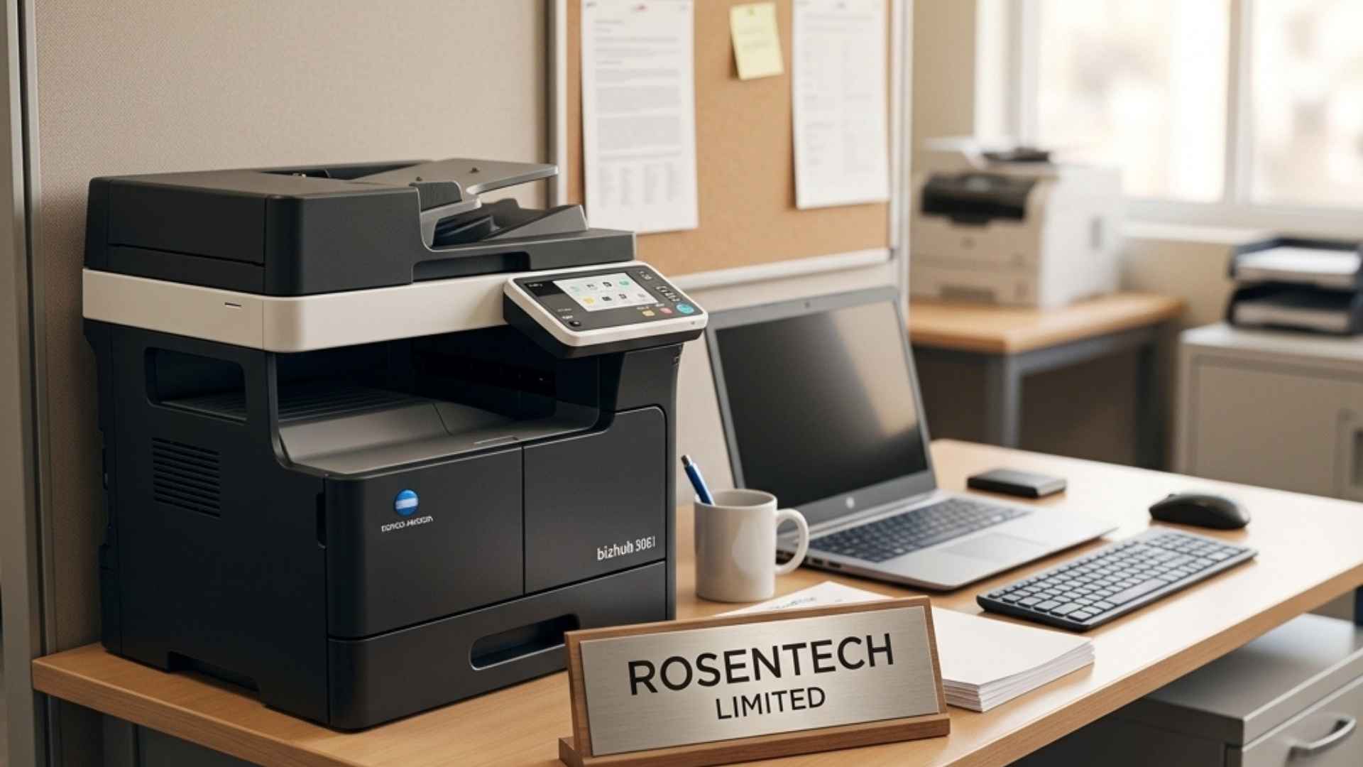 Photo of a small office desk with a compact Bizhub copier Photo of a small office desk with a compact Bizhub copier
