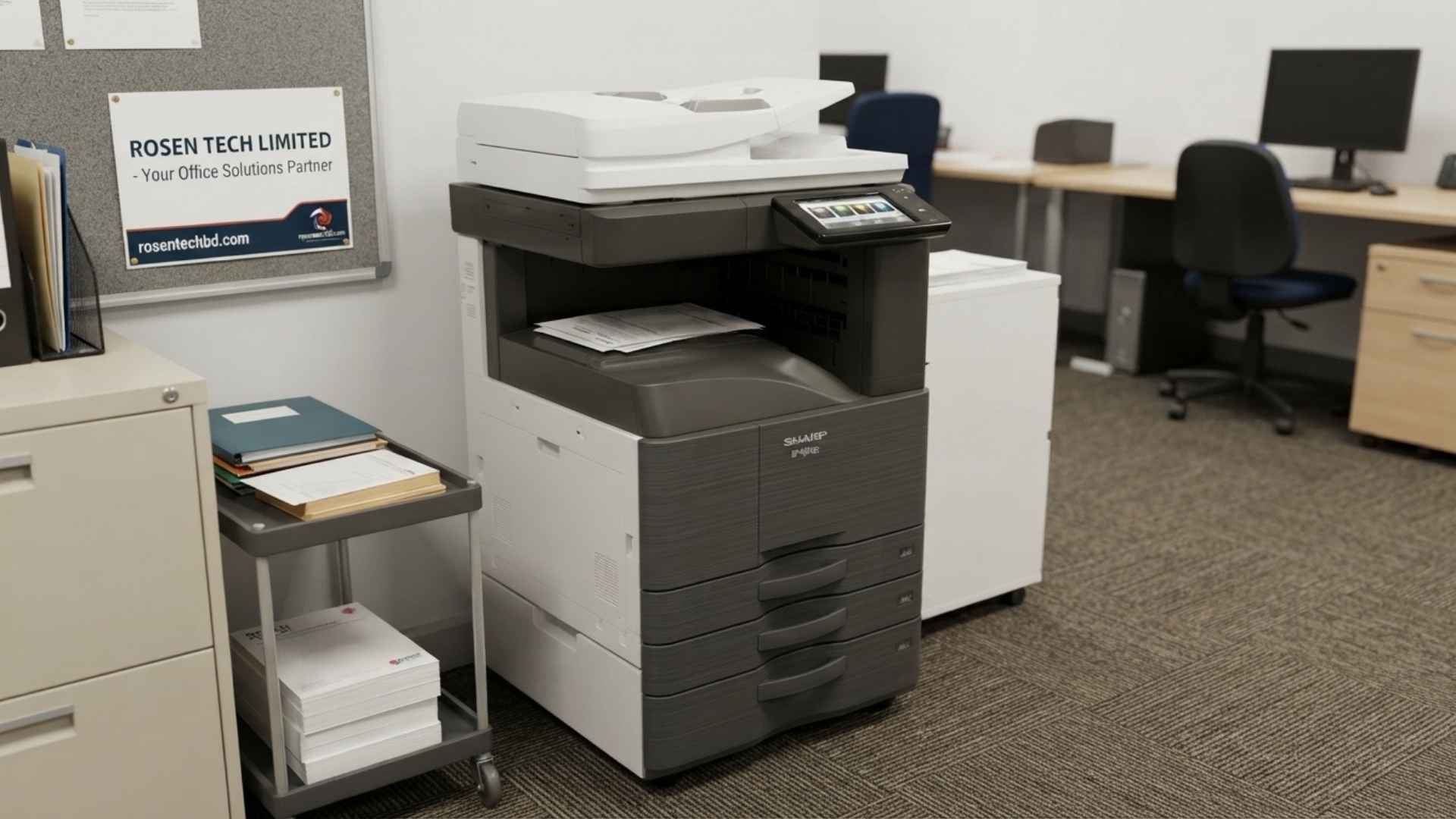 Photo of a Sharp or Toshiba copier in an educational/institutional setting